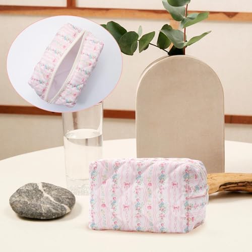 Quilted Floral Makeup Bag - Pink Cotton Cosmetic Pouch for Women