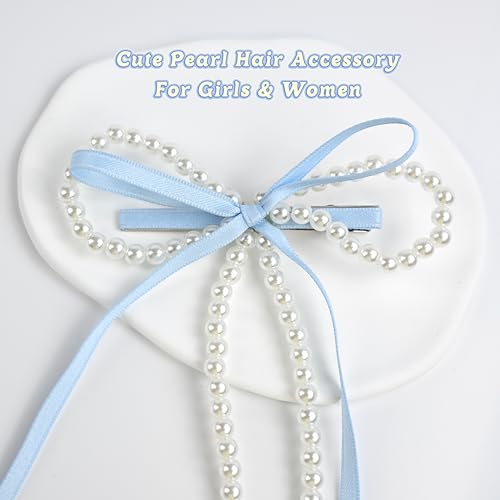 Light Blue Pearl Bow Hair Clips - Adjustable Set of 2 for Girls & Women