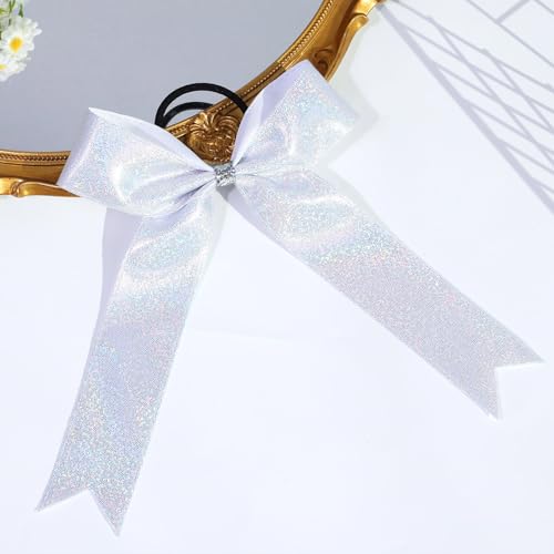 VOBOBE 12-Piece Glitter Cheer Bows - 6.3" Silver Long Tail Hair Ties
