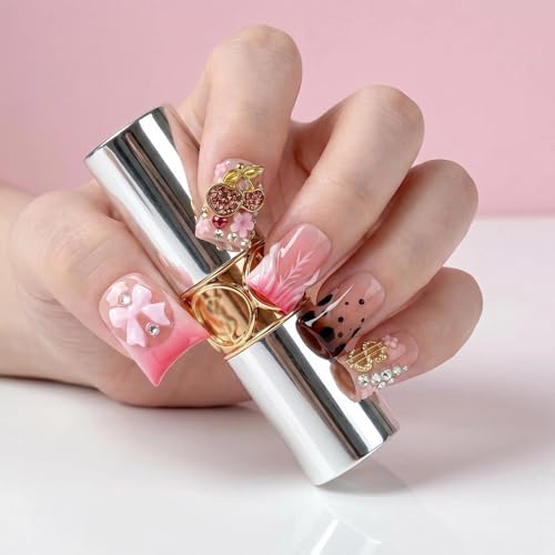 Mirreva Handmade Duck Shape Press on Nails - Y2K Pink Gradient Cherry Bow