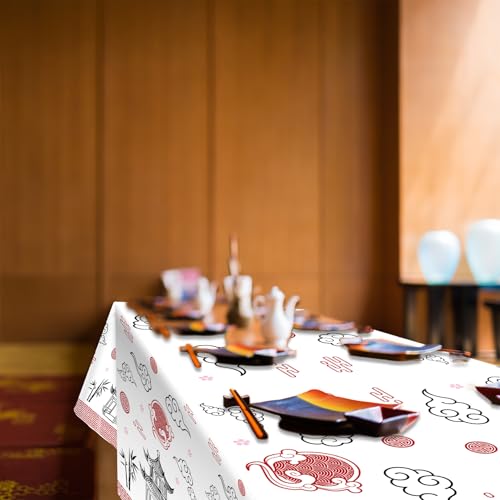 Hibachi Party Table Covers - 3 Pack Disposable Plastic Tablecloths 54x108 Inch for Asian Themed Celebrations