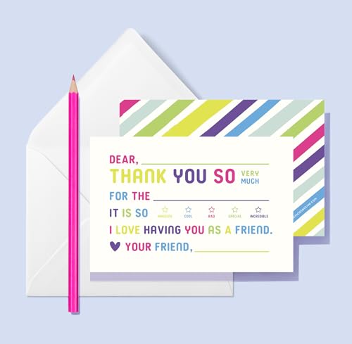 25-Pack Kids Thank You Cards with Envelopes - Colorful Fill-in-the-Blank Design