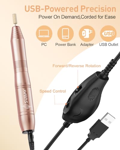 SUBAY Champagne Gold Electric Nail Drill 20000RPM - Manicure & Pedicure Tool with 6 Bits & 20 Bands