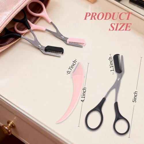 3 Pack Eyebrow Scissors with Comb Set for Women & Men - Stainless Steel Trimmers & Razor