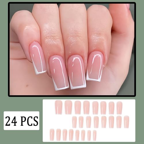 YUEJIMEIGUI White French Tips Press-On Nails Medium Square Reusable Fake Nails