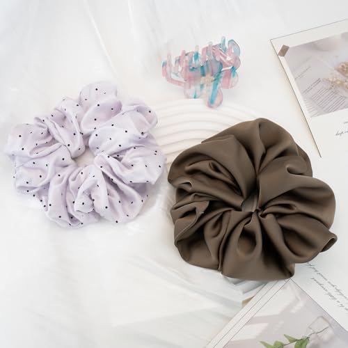 Easter Hair Set: Brown Satin & Lavender Polka Dot Scrunchies with Acetate Claw Clip
