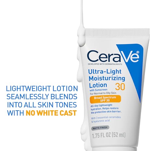 CeraVe Ultra-Light Moisturizing Lotion With SPF 30, Daily Face Moisturizer with SPF, Formulated with Hyaluronic Acid & Ceramides, Broad Spectrum SPF, Oil Free, Matte Finish, 1.7 Ounce