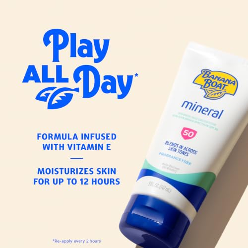 Banana Boat Sensitive Mineral Sunscreen SPF 50, 5 Fl Oz - Non-Greasy, Water-Resistant Protection