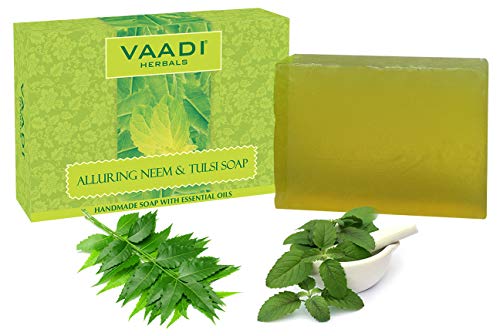 Vaadi Herbals Neem Tulsi Bar Soap with Tea Tree Oil - Handmade Herbal Soap Pack of 3 (2.65 Oz Each)
