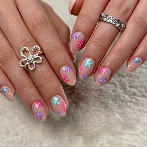 CurvLife Extra Short Almond Press-On Nails - Blue & Pink Soft Gel Kit