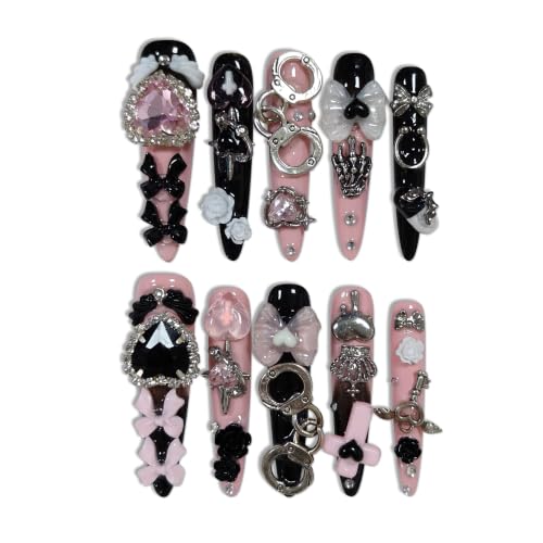 TENPAL BP2 S Long Stiletto Press-On Nails Black Pink Chain & Handcuff Decor