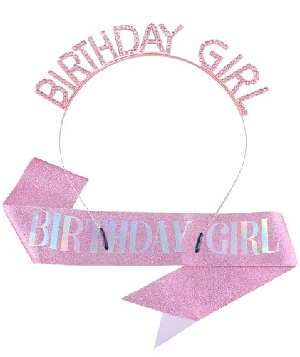 Pink Glitter Birthday Sash and Rhinestone Tiara Set for Women