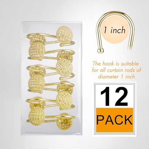 Pearlbee Gold Shower Curtain Hooks - 12 Heavy Duty Rustproof Zinc Alloy