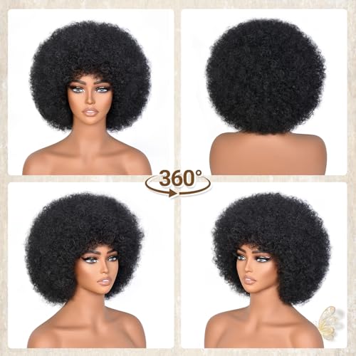 Black 10in Afro Wig with Bangs for Women - YWAYS HAIR 70s Curly Synthetic Kinky Wig, Cosplay & Party