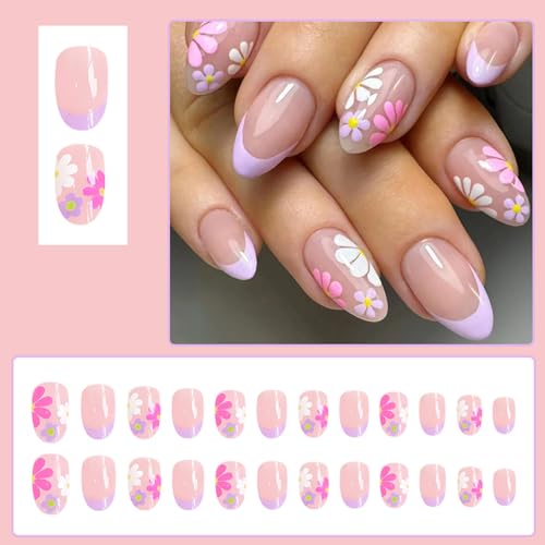 24 Pcs Almond Press On Nails with Colorful Daisy Flowers - French Tip Acrylics