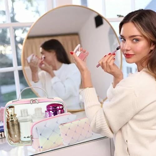 Bluboon Rainbow Heart 2 Makeup Bag Set - 3Pcs Clear Travel Toiletry Bags