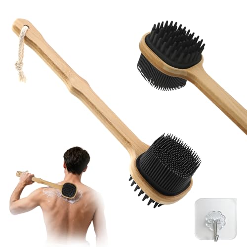 QEYMN Black 1pcs Silicone Back Scrubber with Long Bamboo Handle - Dual-Sided Shower Brush for Exfoliation & Massage