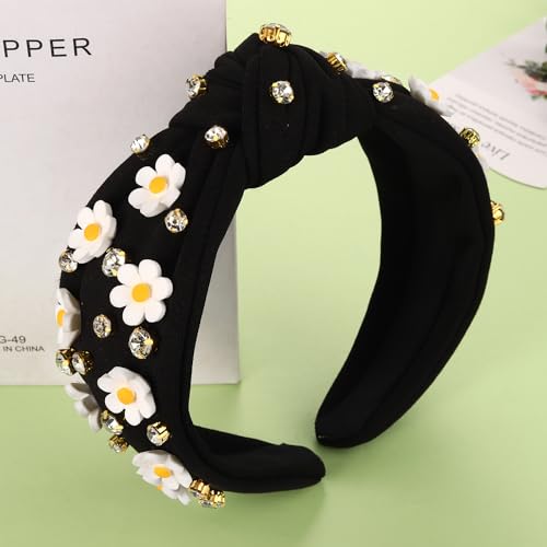 NVENF Flower B - Black Knit Floral Headband with Crystal Embellishments
