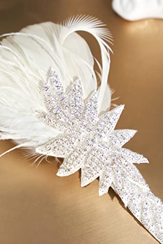 1920s Vintage White Flapper Headband with Feather & Crystals