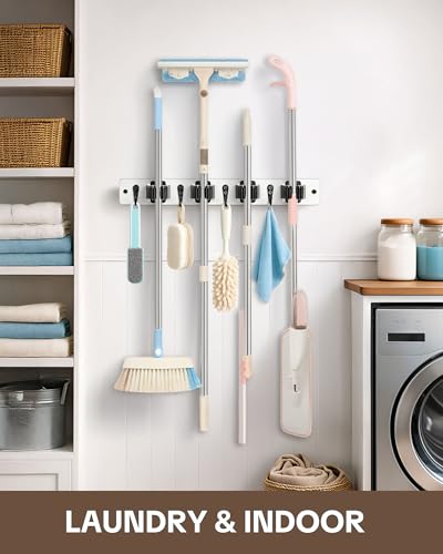 Lorbro Broom Holder Wall Mount - 2 Pack Wooden Organizer with 4 Slots & Hooks