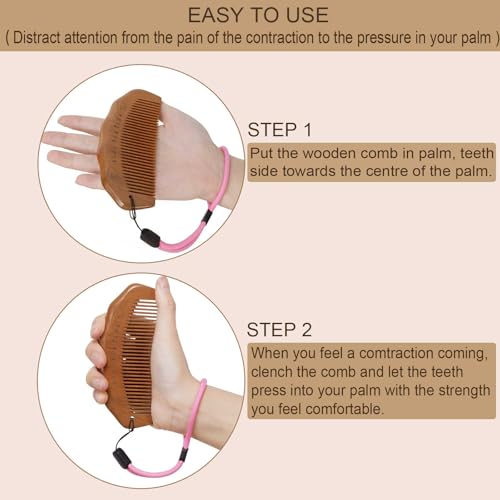 Medium Wooden Labor Comb with Adjustable Wrist Strap - Pain Relief & Hair Care (2 Pack)