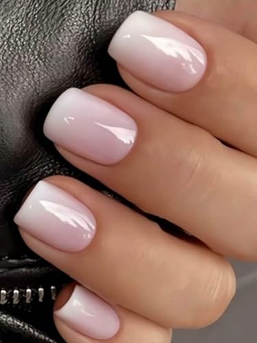 SWEKKE Short Square Press on Nails - Pink & White Gradient Glossy Acrylic