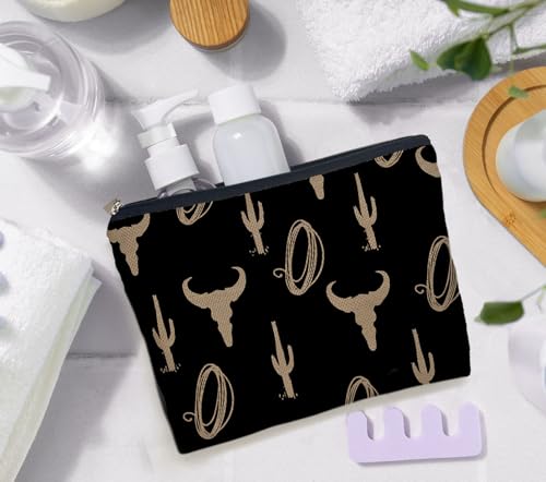 Cow Print Linen Makeup Bag - 10-Inch Travel Toiletry Pouch for Women