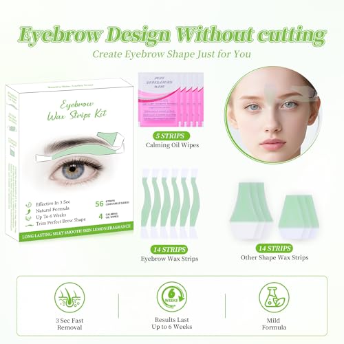 Eyebrow Wax Strips - 56 Strip Eyebrow & Upper Lip Hair Remover with 4 Soothing Wipes | Natural Beeswax Formula | Painless at Home Hair Removal for Women & Sensitive Skin | Lasts 6 Weeks