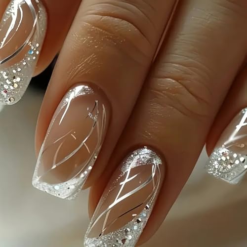 Medium Square Press On Nails with Silver Lines - Full Cover Glitter French Tip