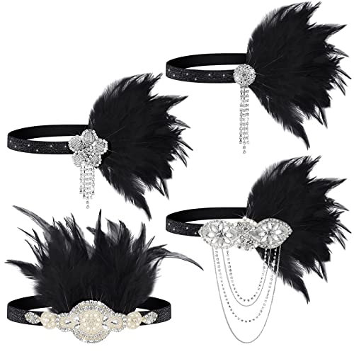 4 Pcs Vintage 1920s Flapper Headband Set - Rhinestone Feather Headpiece