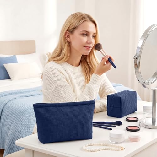 Navy Blue Waffle Makeup Bag Set - 2 Pcs Cosmetic Pouch