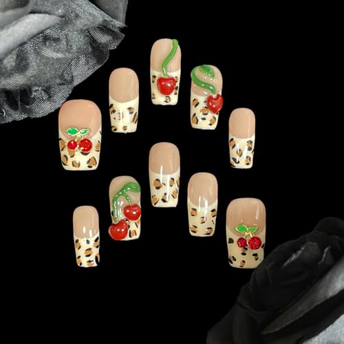 BByogooz Cherry Bouquet Handmade Press-On Nails with 3D Cherry Embellishments - S