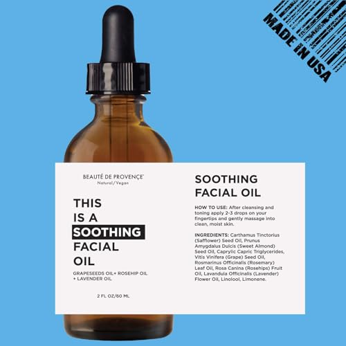 Beaute de Provence Soothing Facial Oil - Hydrating Face Oil with Grapeseed & Lavender, All Skin Types, 2 fl oz