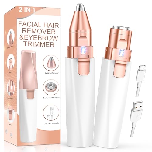 Eyebrow Trimmer & Facial Hair Removal for Women: 2-in-1 Rechargeable Face Shaver with LED Light, Painless Electric Razor for Eyebrows, Upper Lip, Chin & Peach Fuzz, Portable Hair Removal Device