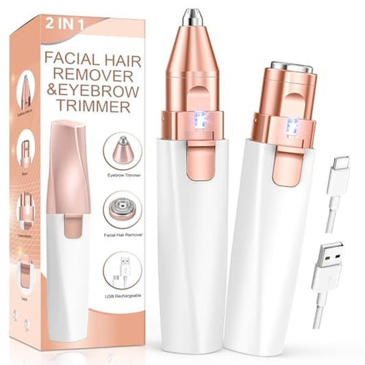 Eyebrow Trimmer & Facial Hair Removal for Women: 2-in-1 Rechargeable Face Shaver with LED Light, Painless Electric Razor for Eyebrows, Upper Lip, Chin & Peach Fuzz, Portable Hair Removal Device