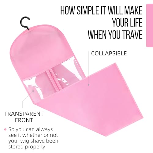 AIHOPESTO 2PCS Pink Wig Holder & Storage Bags with Hanger, Portable Wig Organizer for Multiple Wigs & Extensions