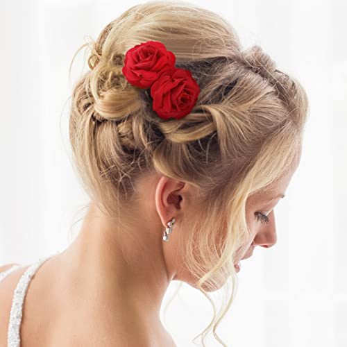 BBTO 12 Pcs Red Rose Hair Clips - 3D Floral Hair Pins for Weddings & Parties