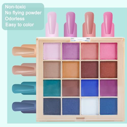 MKNZOME 16-Color Nail Pigment Powder Palette with 6 Sponge Brushes