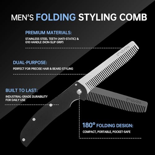 MenGate Black Folding Pocket Beard Comb with G10 Handle, Locking Design