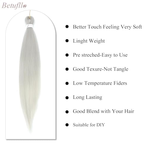 Betufllo Silver Grey Pre-Stretched Braiding Hair Extensions 30 Inch Pack of 3