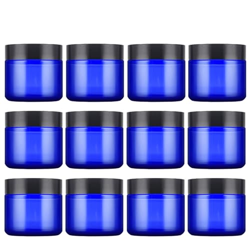 2 oz Blue Glass Cosmetic Jars with Lids - 12 Pack Refillable Containers