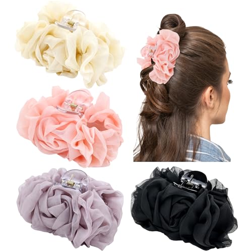 Large Chiffon Rose Flower Claw Clips - 4 Pack Pleated Hair Barrettes