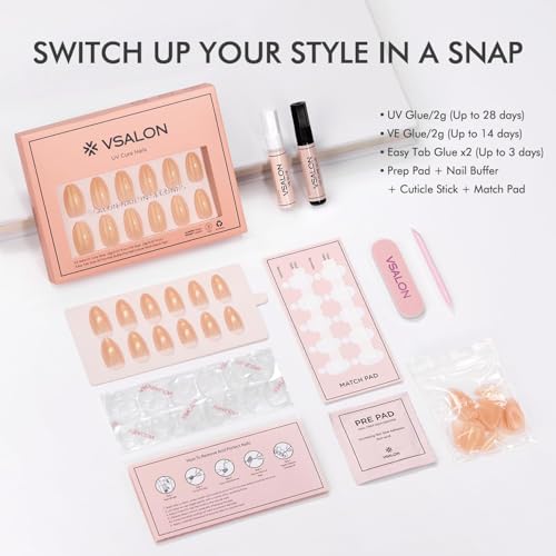 VSALON B4- Glow Almond Press On Nails - Apricot Gold Glitter