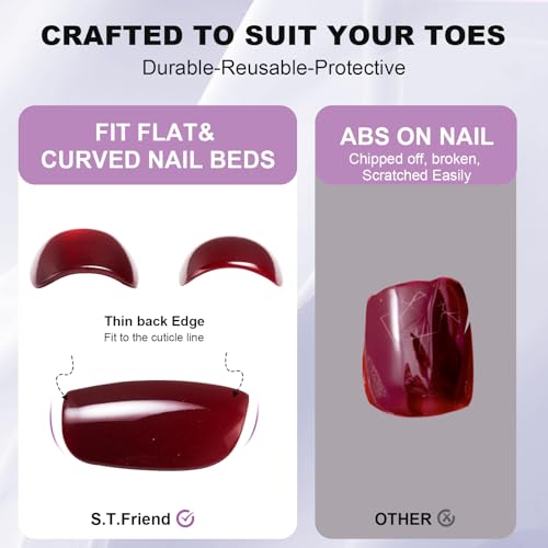 Velvet Mystic Press On Toenails Kit - Bright Red Square Fake Nails with Cateye Finish, 16 Sizes