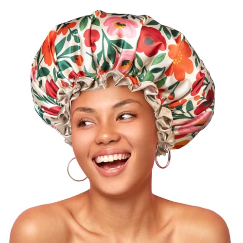 mikimini Reusable Waterproof Shower Cap for Women - Medium, Floral, Pack of 2, Spring Design