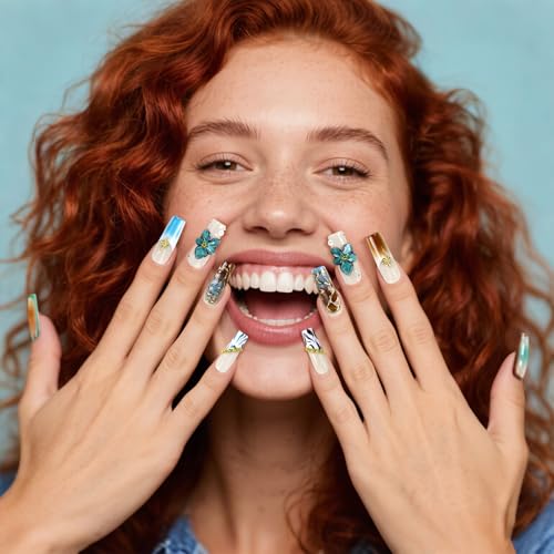 Vanpaga Handmade Square Coffin Press on Nails - Ocean Ombre Blue with Flowers