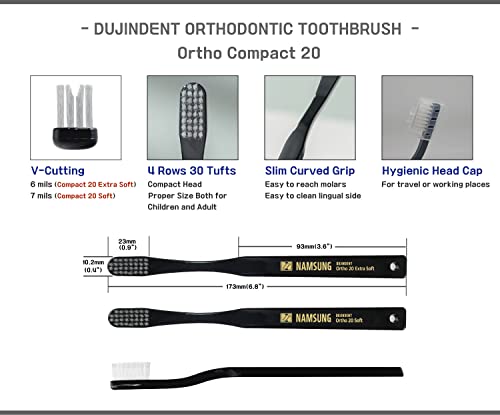 DUJINDENT Orthodontic Toothbrush for Braces - Ortho Compact 20 Soft, 6 Pack