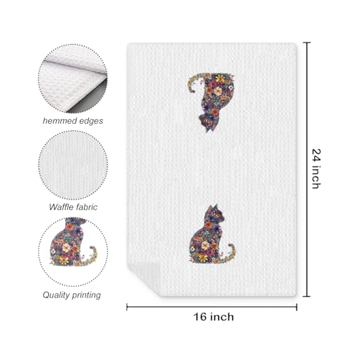 Floral Cat Kitchen Towel - 16x24 Inch Quick-Drying Hand Towel