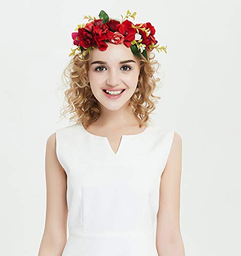 LLinfflr Red Flower Garland Headband Rose Crown Floral Halo Headpiece - Adjustable