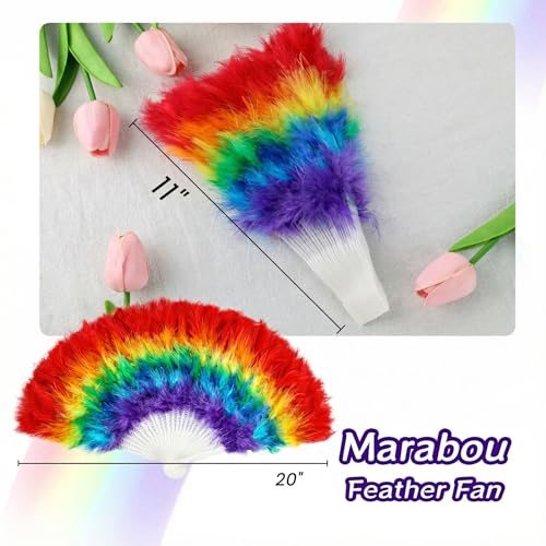 Rainbow Feather Hand Fan - 20-Inch Folding Fan for Festivals & Parties